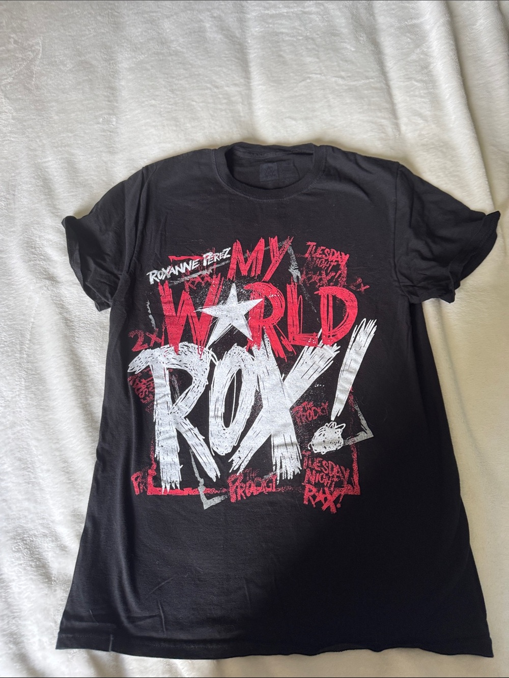 WWE Roxanne Perez Black Tee with Red & White 'My World ROX!' Graphic